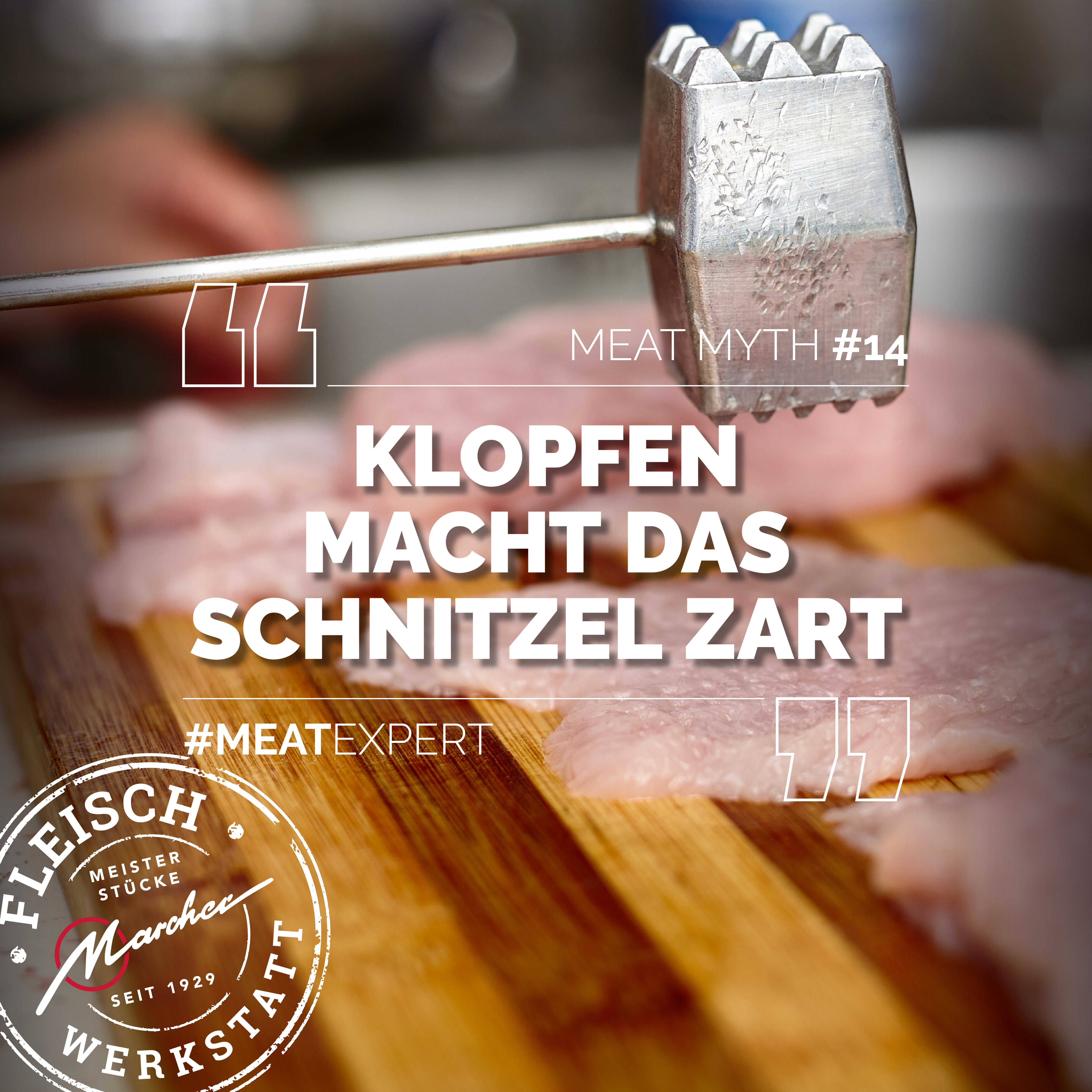 Fleischklopfer über rohen Schnitzelscheiben, Text "Meat Myth #14 Klopfen macht das Schnitzel zart" und Fleischwerkstatt-Logo.