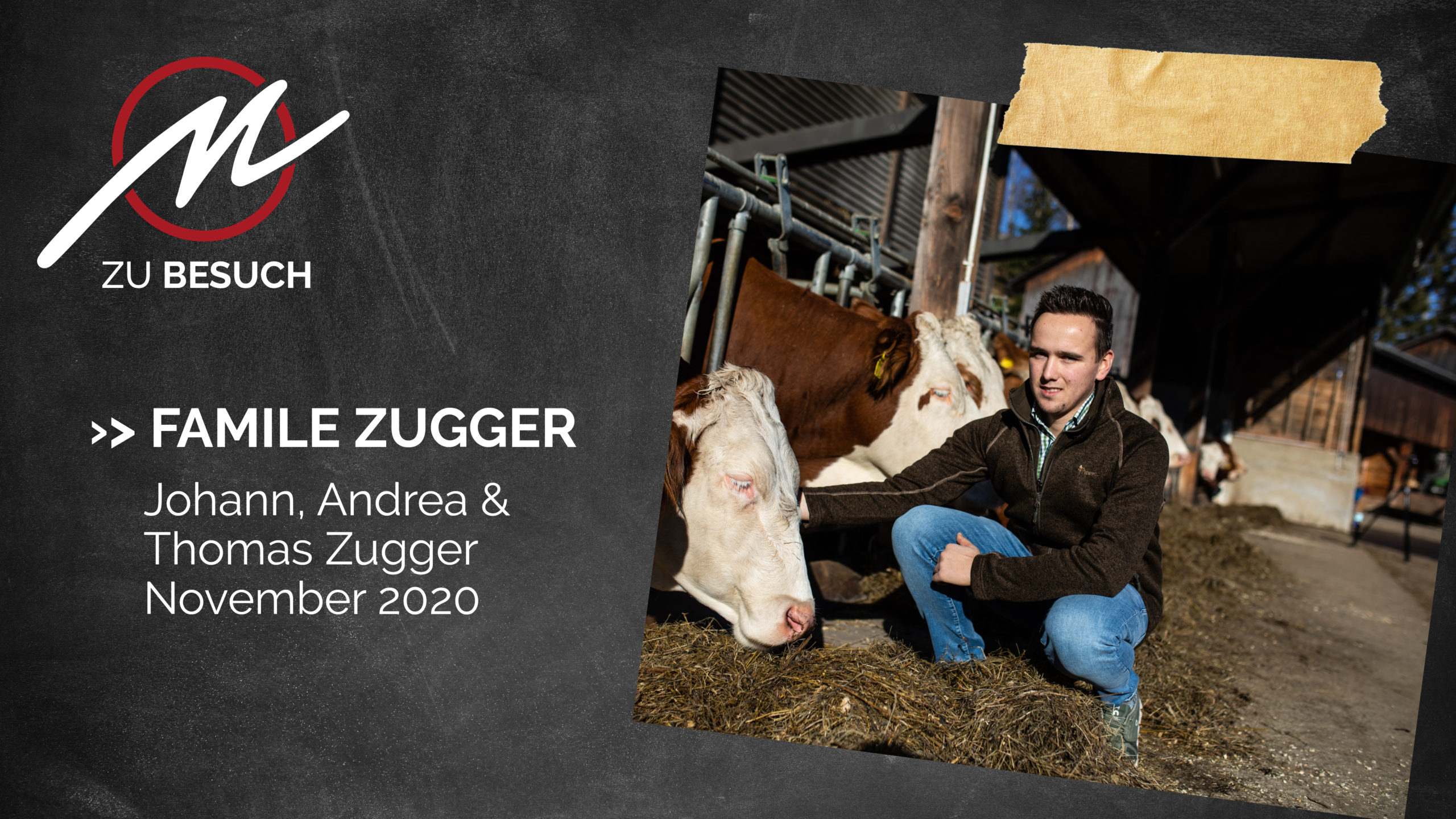 Porträtfoto von Thomas Zugger, der neben Kühen auf einem Bauernhof kniet; Text "Zu Besuch bei Familie Zugger – Johann, Andrea & Thomas Zugger – November 2020".